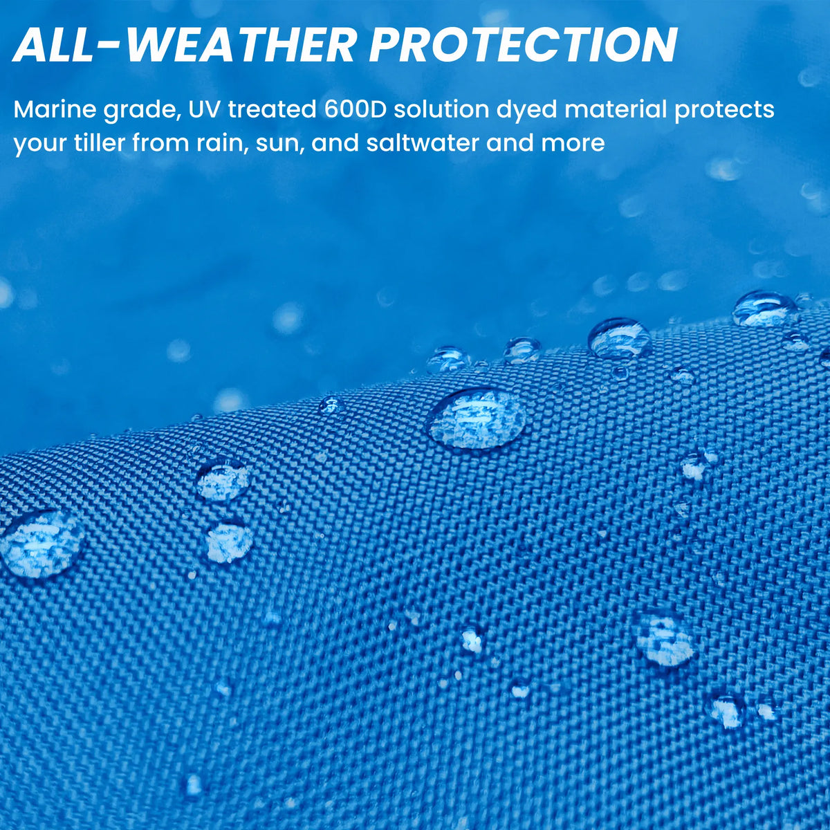 All-weather protection boat blue tiller cover shown repelling water, made from marine-grade material that protects against rain, sun, and saltwater exposure