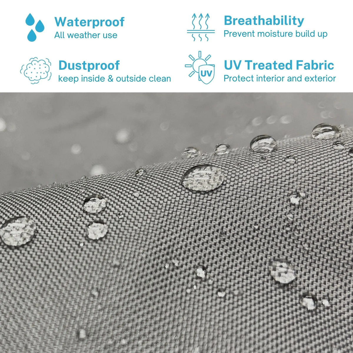 Textile fabric with water droplets demonstrating waterproof, breathability, and dustproof properties.