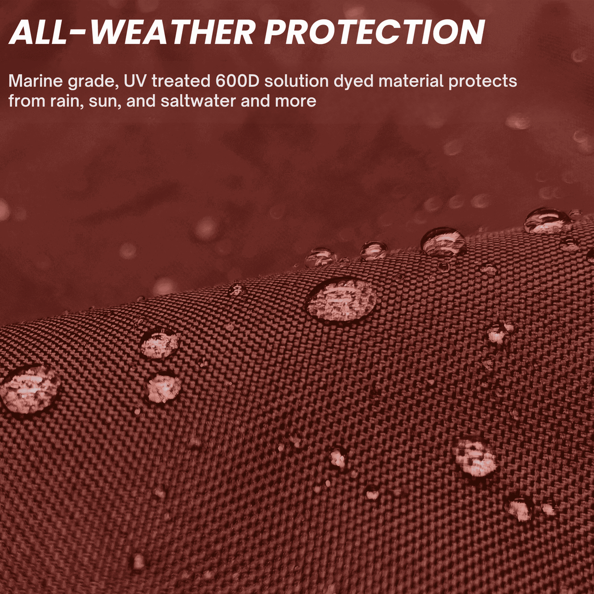 All-weather protection boat burgundy tiller cover shown repelling water, made from marine-grade material that protects against rain, sun, and saltwater exposure