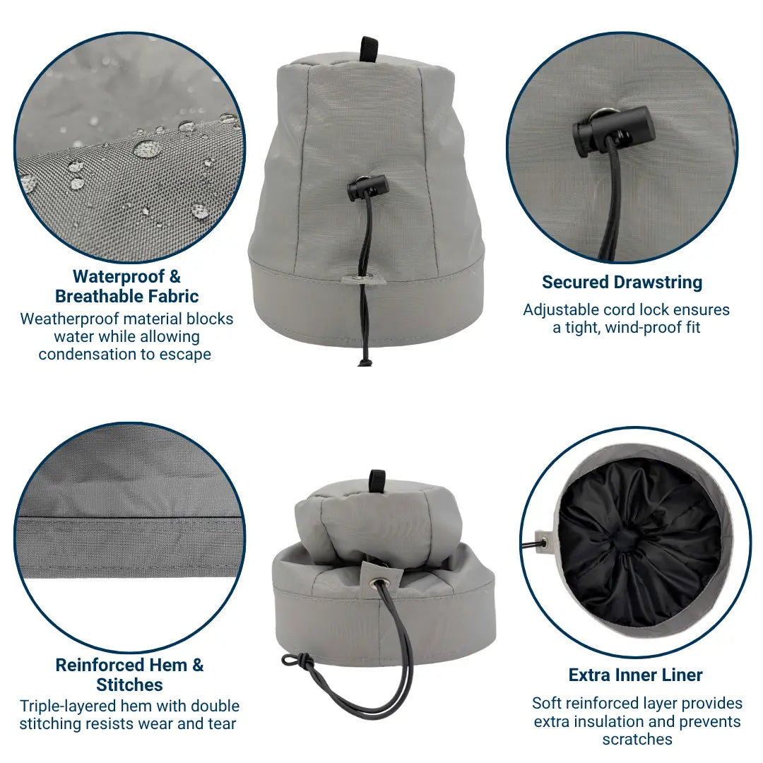 Gray winch cover with features highlighted on a white background saying waterproof & breathable fabric, secured drawstring, reinforced hem & stitches, and extra inner liner