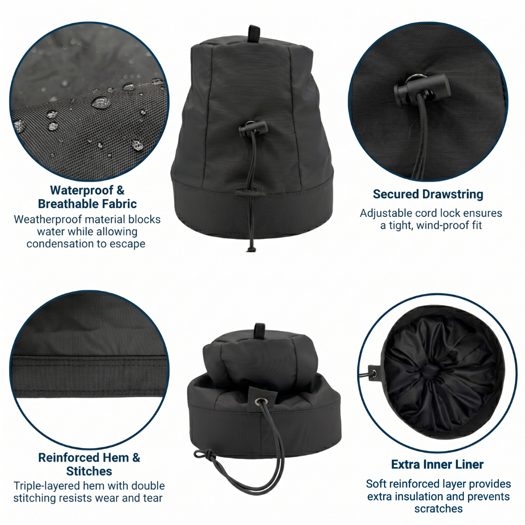 Black winch cover with features highlighted on a white background saying waterproof & breathable fabric, secured drawstring, reinforced hem & stitches, and extra inner liner