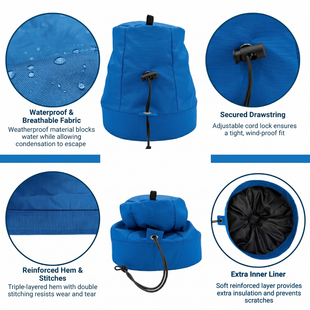 Blue winch cover with features highlighted on a white background saying waterproof & breathable fabric, secured drawstring, reinforced hem & stitches, and extra inner liner