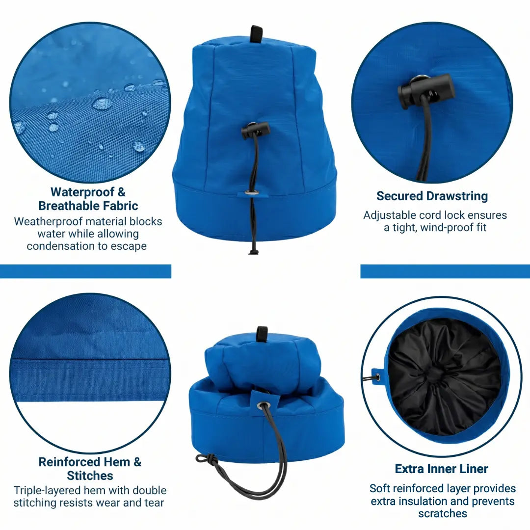 Blue winch cover with features highlighted on a white background saying waterproof & breathable fabric, secured drawstring, reinforced hem & stitches, and extra inner liner
