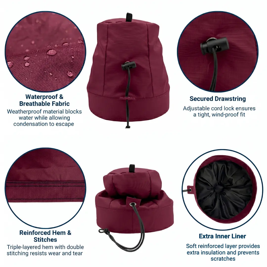 Burgandy winch cover with features highlighted on a white background saying waterproof & breathable fabric, secured drawstring, reinforced hem & stitches, and extra inner liner