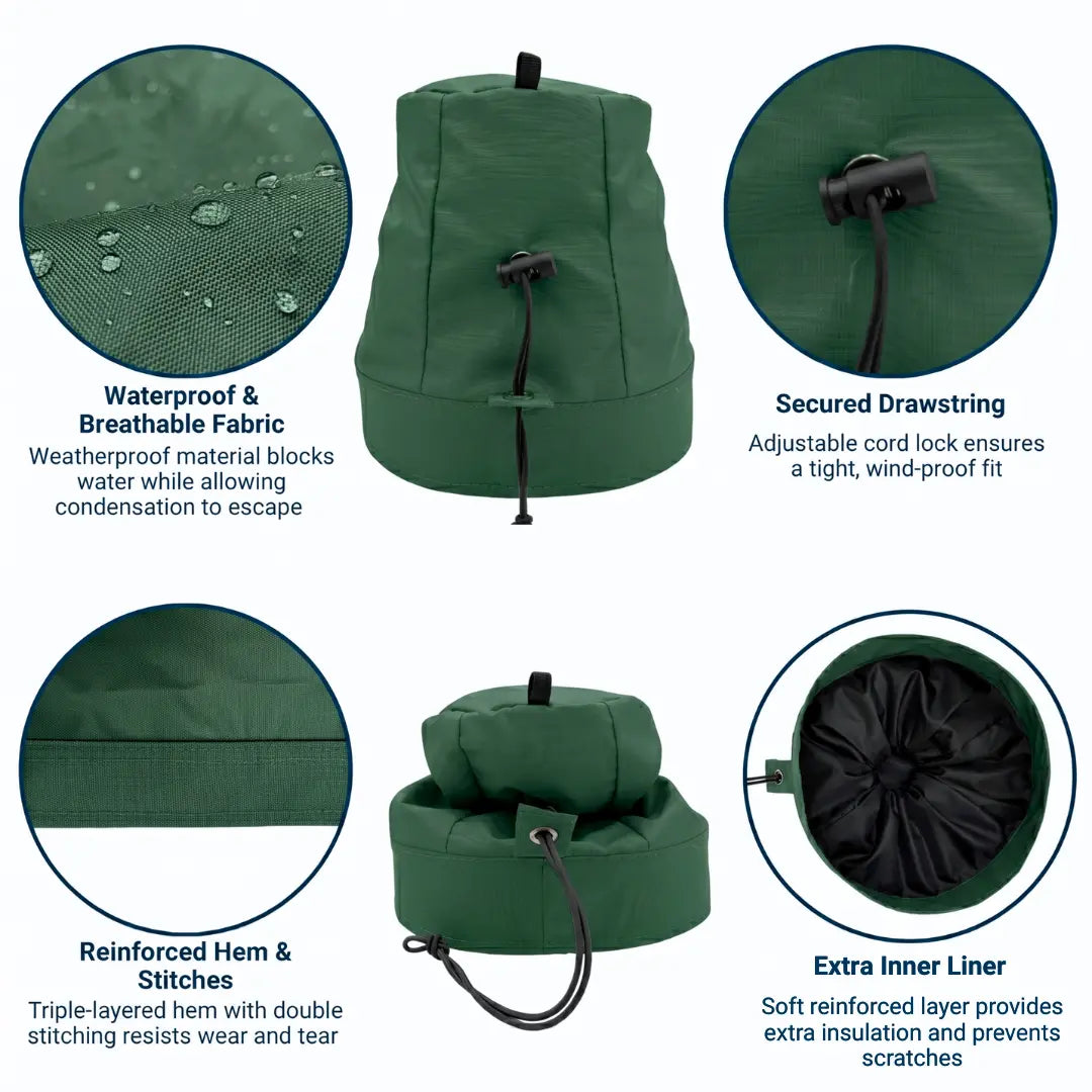 Green winch cover with features highlighted on a white background saying waterproof & breathable fabric, secured drawstring, reinforced hem & stitches, and extra inner liner