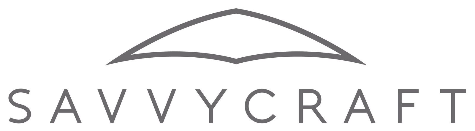 Logo of Savvycraft brand with the name of the company and an umbrella outline symbol above the brand name. All text and symbols in gray coloring. 