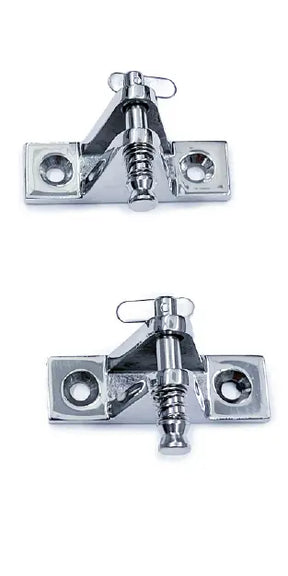 Front view of two stainless steel fitting hardware deck hinge with quick release pins.