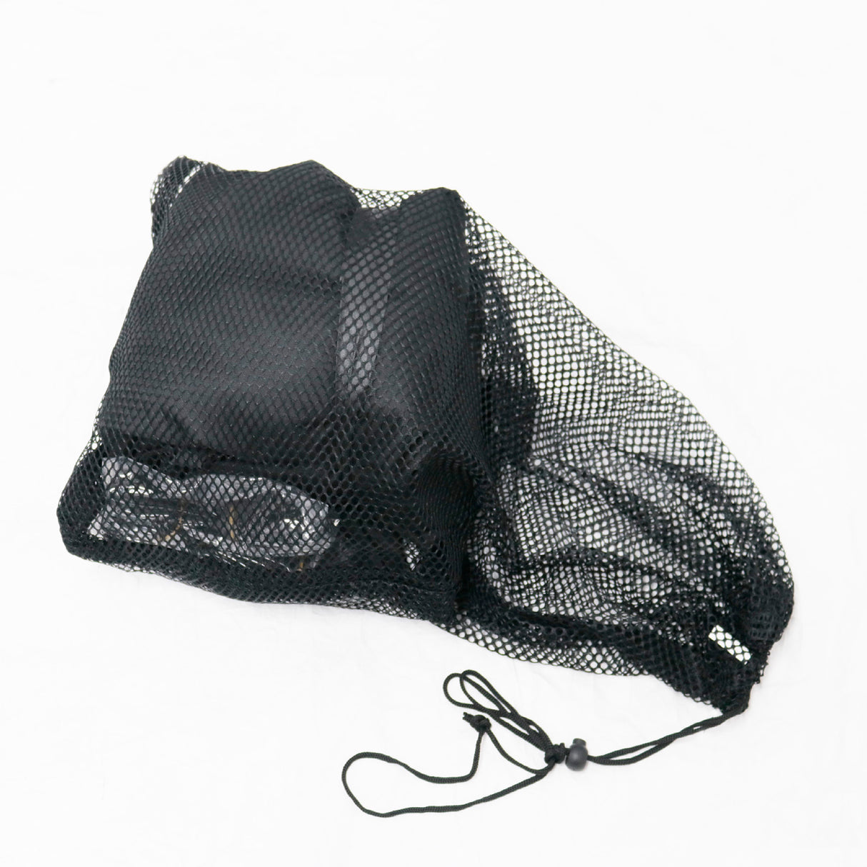 Black mesh drawstring bag on a white background.