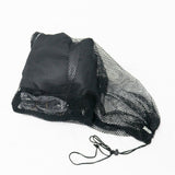 Black mesh drawstring bag on a white background.