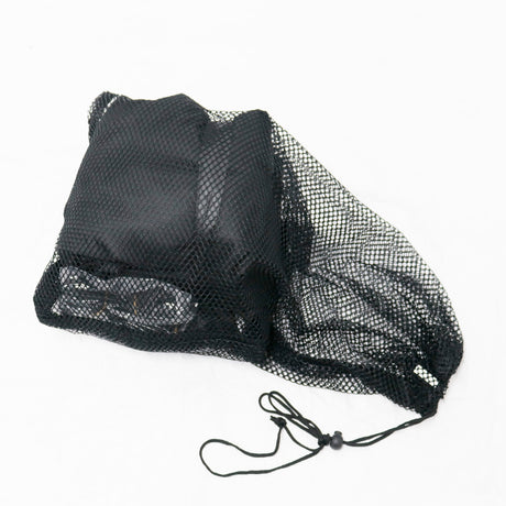 Black mesh drawstring bag on a white background.