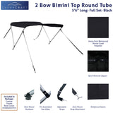 66" long 2-Bow black Bimini Top set with round frame, marine-grade polyester canvas, boot, and mounting hardware included.