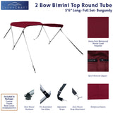 66" long 2-Bow burgundy Bimini Top set with round frame, marine-grade polyester canvas, boot, and mounting hardware included.