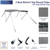 66" long 2-Bow gray Bimini Top set with round frame, marine-grade polyester canvas, boot, and mounting hardware included.