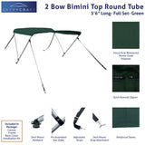 66" long 2-Bow green Bimini Top set with round frame, marine-grade polyester canvas, boot, and mounting hardware included.