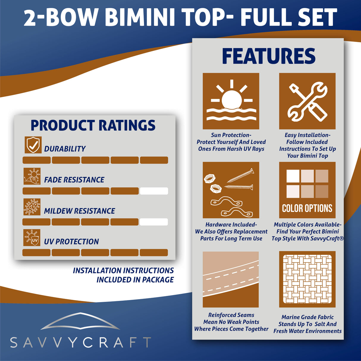 SavvyCraft 2-bow bimini top full set with features, product ratings, and installation instructions.