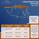 SavvyCraft 2 Bow Bimini Top size chart with measurements