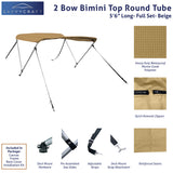 66" long 2-Bow beige Bimini Top set with round frame, marine-grade polyester canvas, boot, and mounting hardware included.