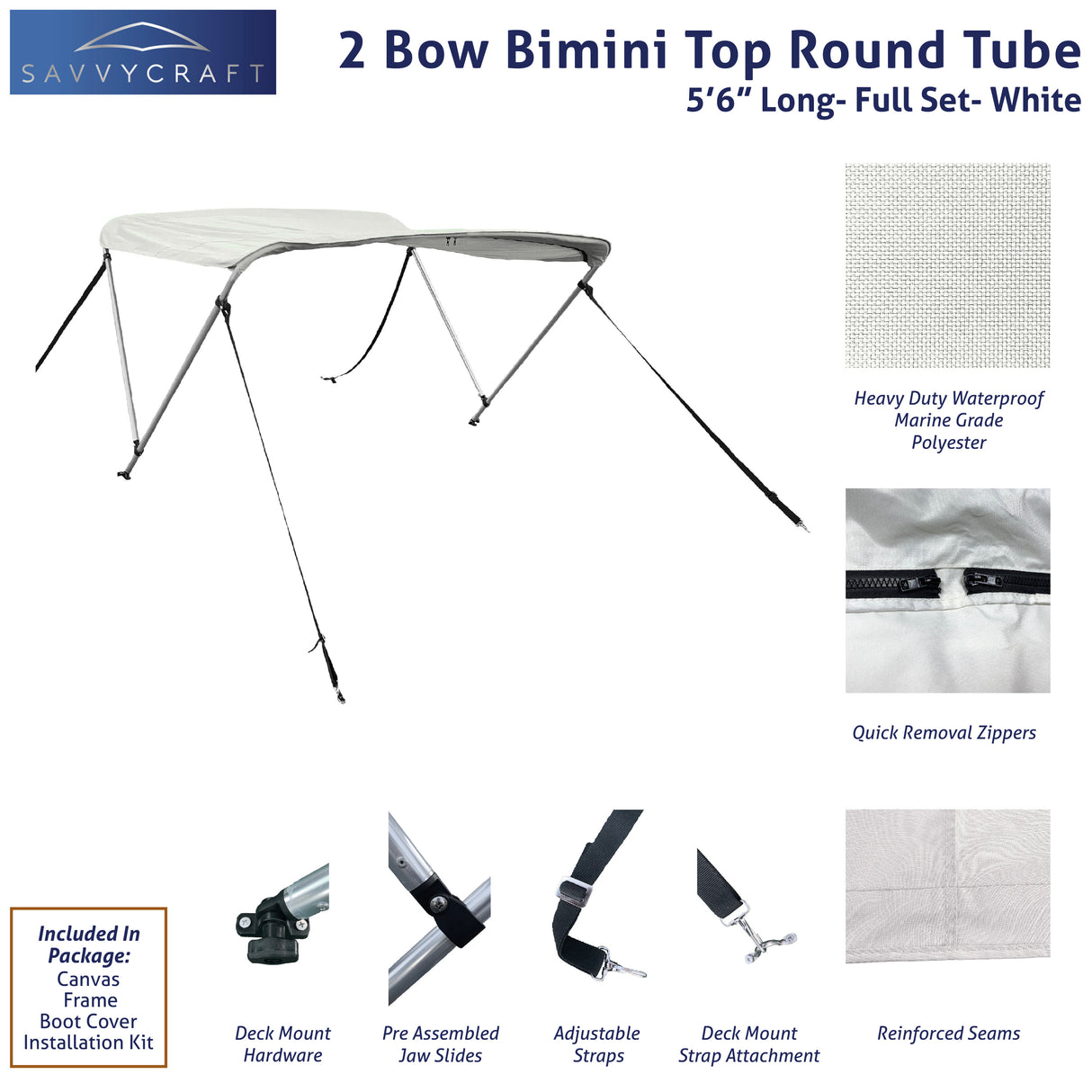 66" long 2-Bow white Bimini Top set with round frame, marine-grade polyester canvas, boot, and mounting hardware included.