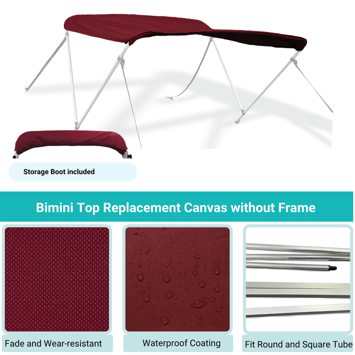 Savvycraft Waterproof 2 Bow Bimini Top Replacement Canvas 66" Long