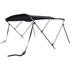 Black 3-bow boat Bimini top with round aluminum frame, marine-grade polyester canvas, boot, rear poles & front straps.