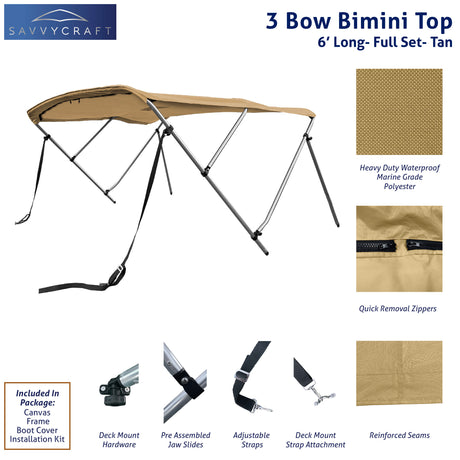 Beige 6ft long 3-Bow Bimini Top set with round frame, marine-grade polyester canvas, boot, and mounting hardware included.