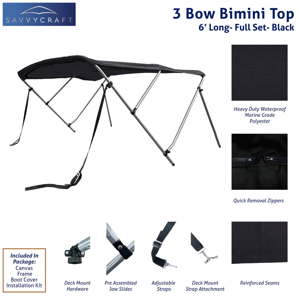 Black 6ft long 3-Bow Bimini Top set with round frame, marine-grade polyester canvas, boot, and mounting hardware included.