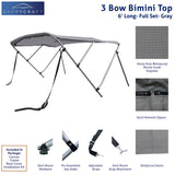 Gray 6ft long 3-Bow Bimini Top set with round frame, marine-grade polyester canvas, boot, and mounting hardware included.
