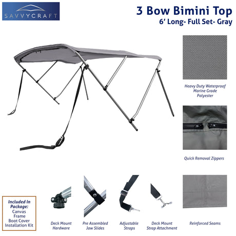 Gray 6ft long 3-Bow Bimini Top set with round frame, marine-grade polyester canvas, boot, and mounting hardware included.
