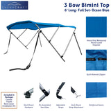 Blue 6ft long 3-Bow Bimini Top set with round frame, marine-grade polyester canvas, boot, and mounting hardware included.