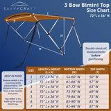 SavvyCraft 3 Bow Bimini Top size chart with dimensions.