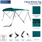 Teal 6ft long 3-Bow Bimini Top set with round frame, marine-grade polyester canvas, boot, and mounting hardware included.