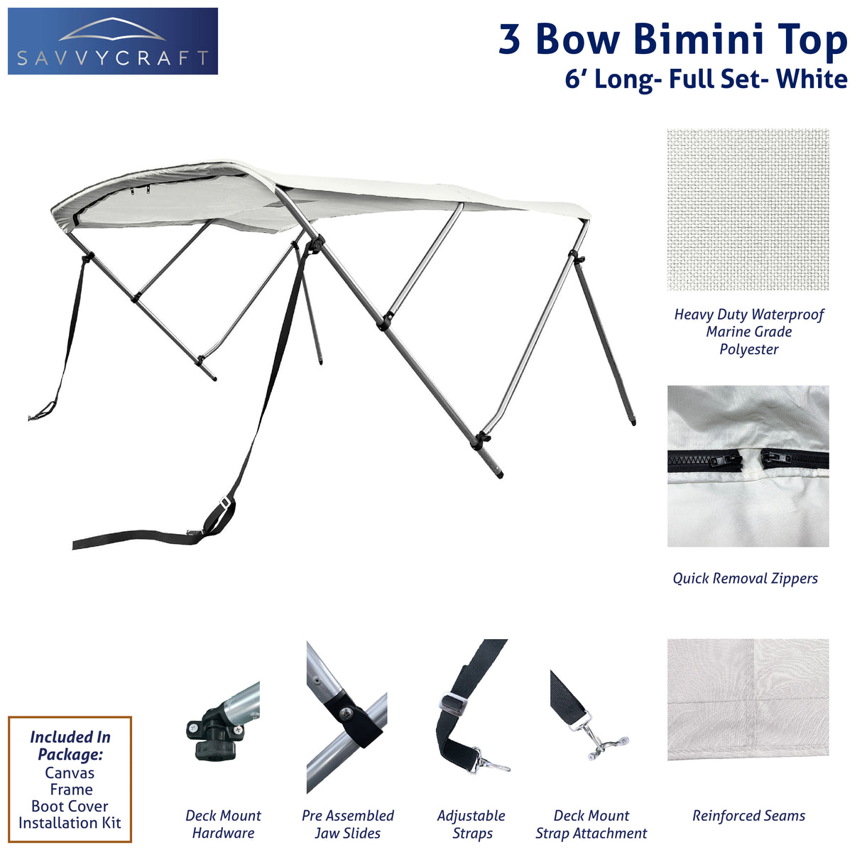 White 6ft long 3-Bow Bimini Top set with round frame, marine-grade polyester canvas, boot, and mounting hardware included.