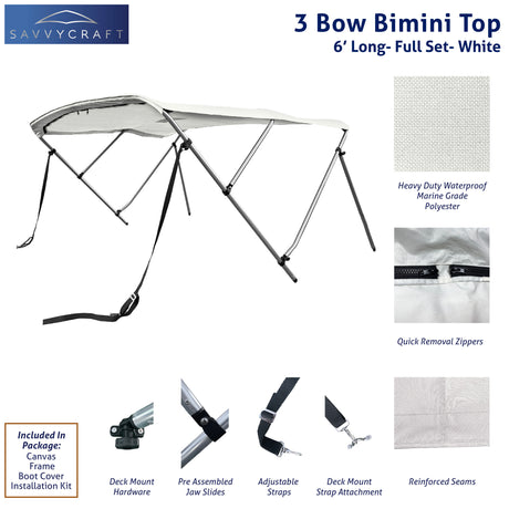 White 6ft long 3-Bow Bimini Top set with round frame, marine-grade polyester canvas, boot, and mounting hardware included.