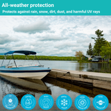 Boat with bimini top stay cool and protected on the water, providing shade and comfort for a comfortable boating experience.