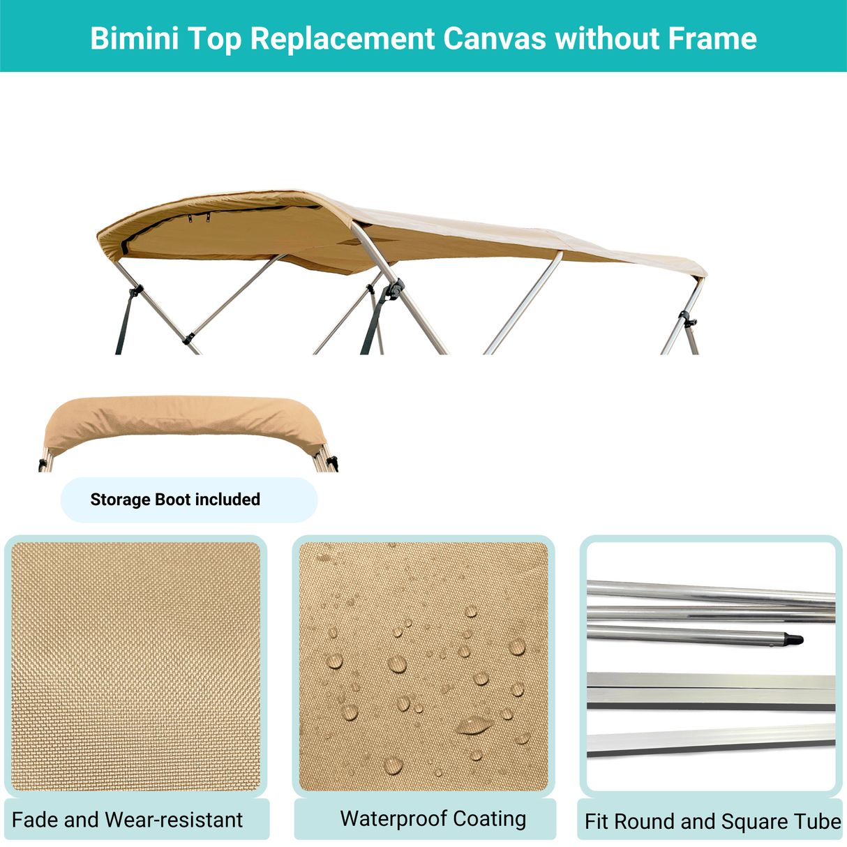 Beige Bimini top replacement canvas include storage boot, featuring fade and wear-resistant material.