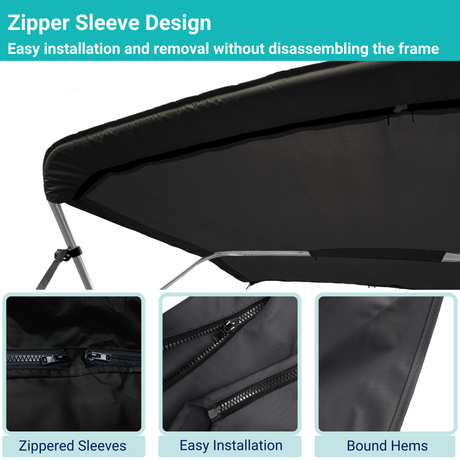 Black replacement canvas with durable marine polyester canvas, featuring bound hems and zipper sleeves for easy setup.