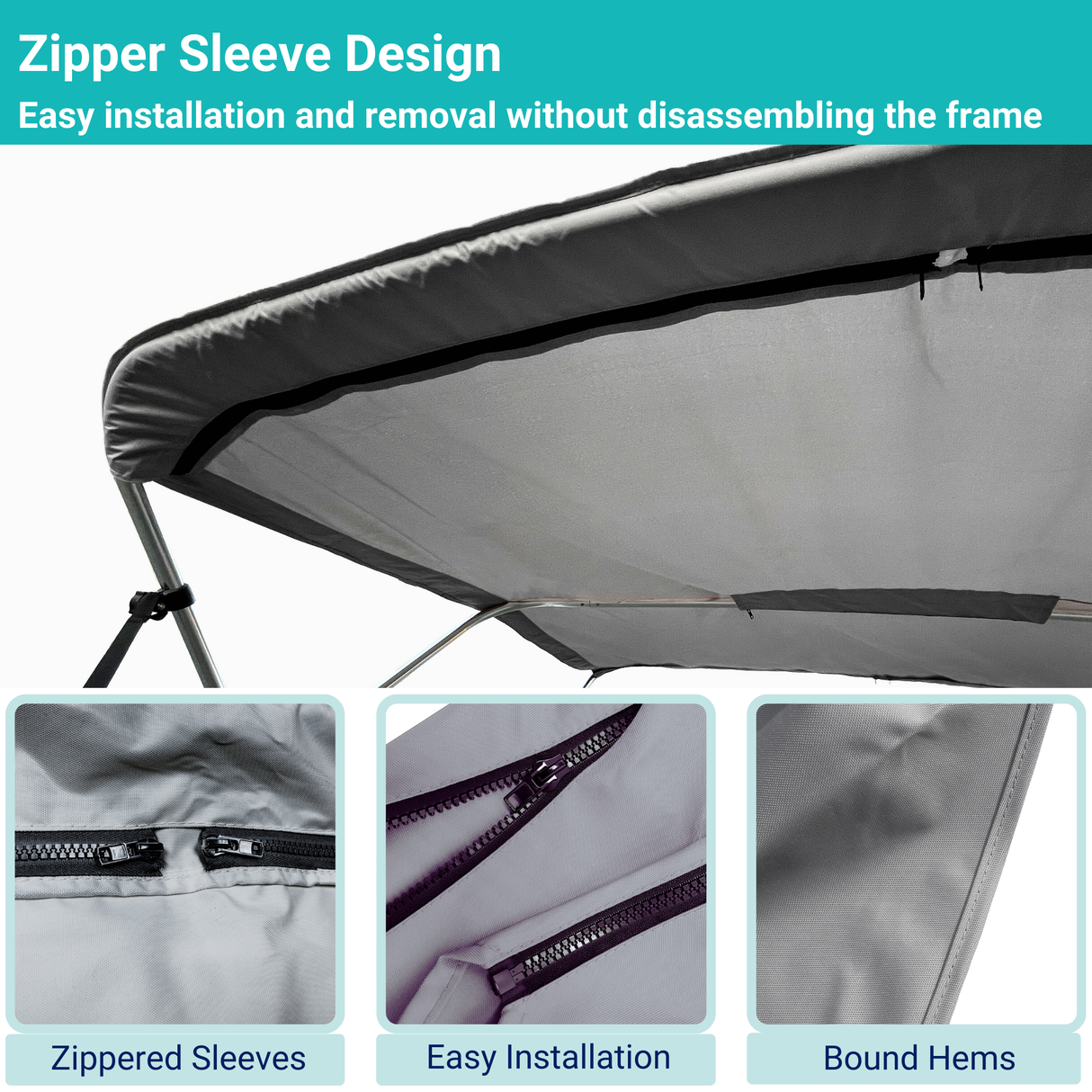 Gray replacement canvas with durable marine polyester canvas, featuring bound hems and zipper sleeves for easy setup.