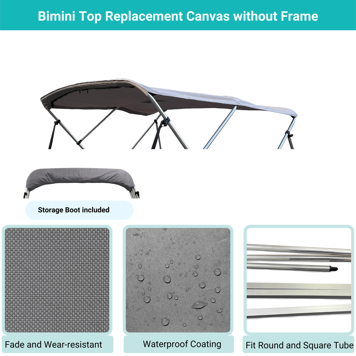Gray Bimini top replacement canvas include storage boot, featuring fade and wear-resistant material.