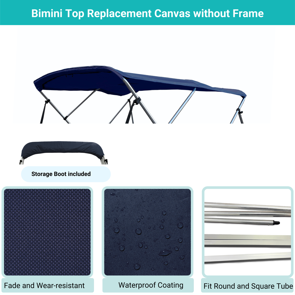 Navy Bimini top replacement canvas include storage boot, featuring fade and wear-resistant material.