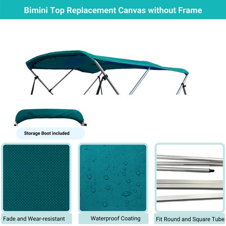 Teal Bimini top replacement canvas include storage boot, featuring fade and wear-resistant material.