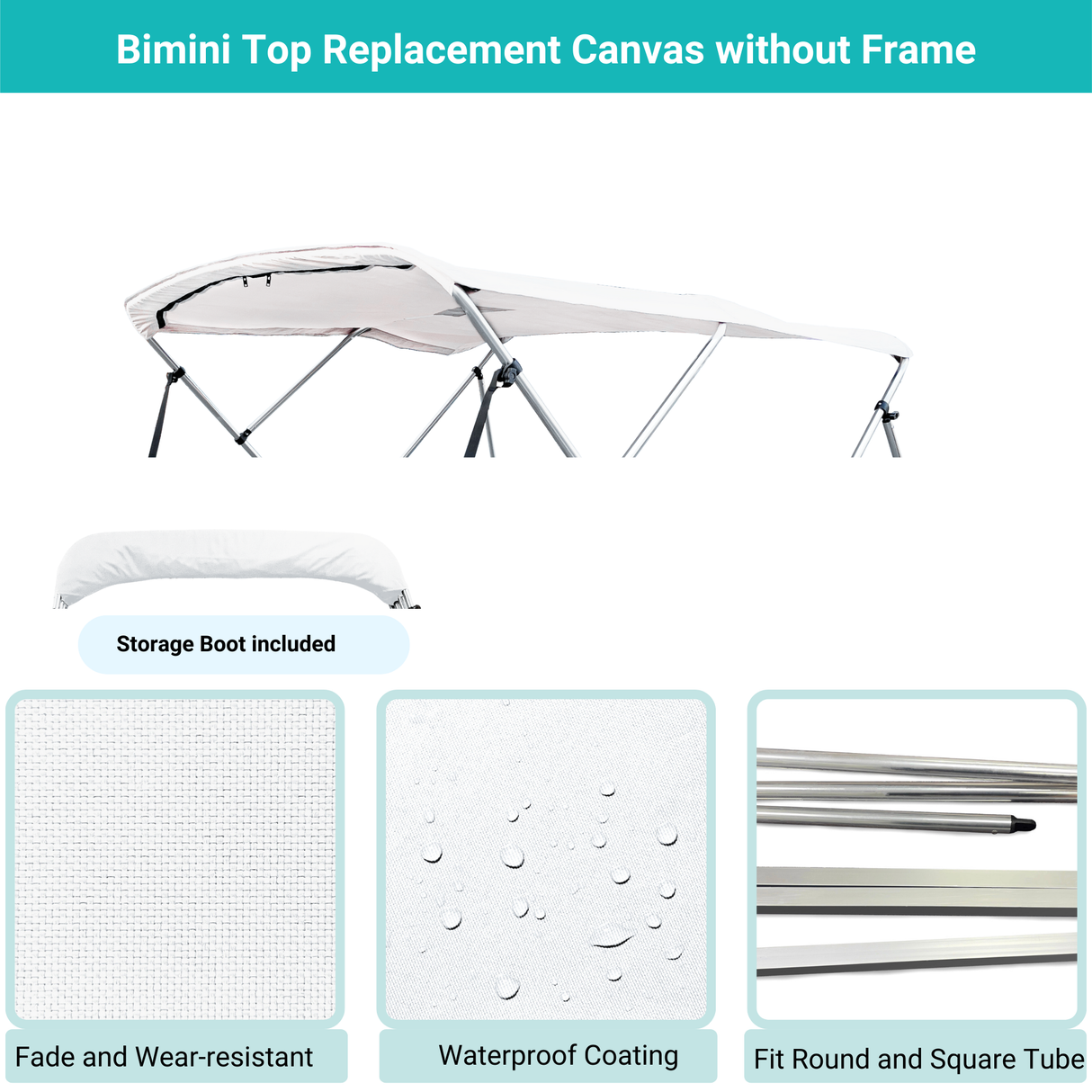 White Bimini top replacement canvas include storage boot, featuring fade and wear-resistant material.