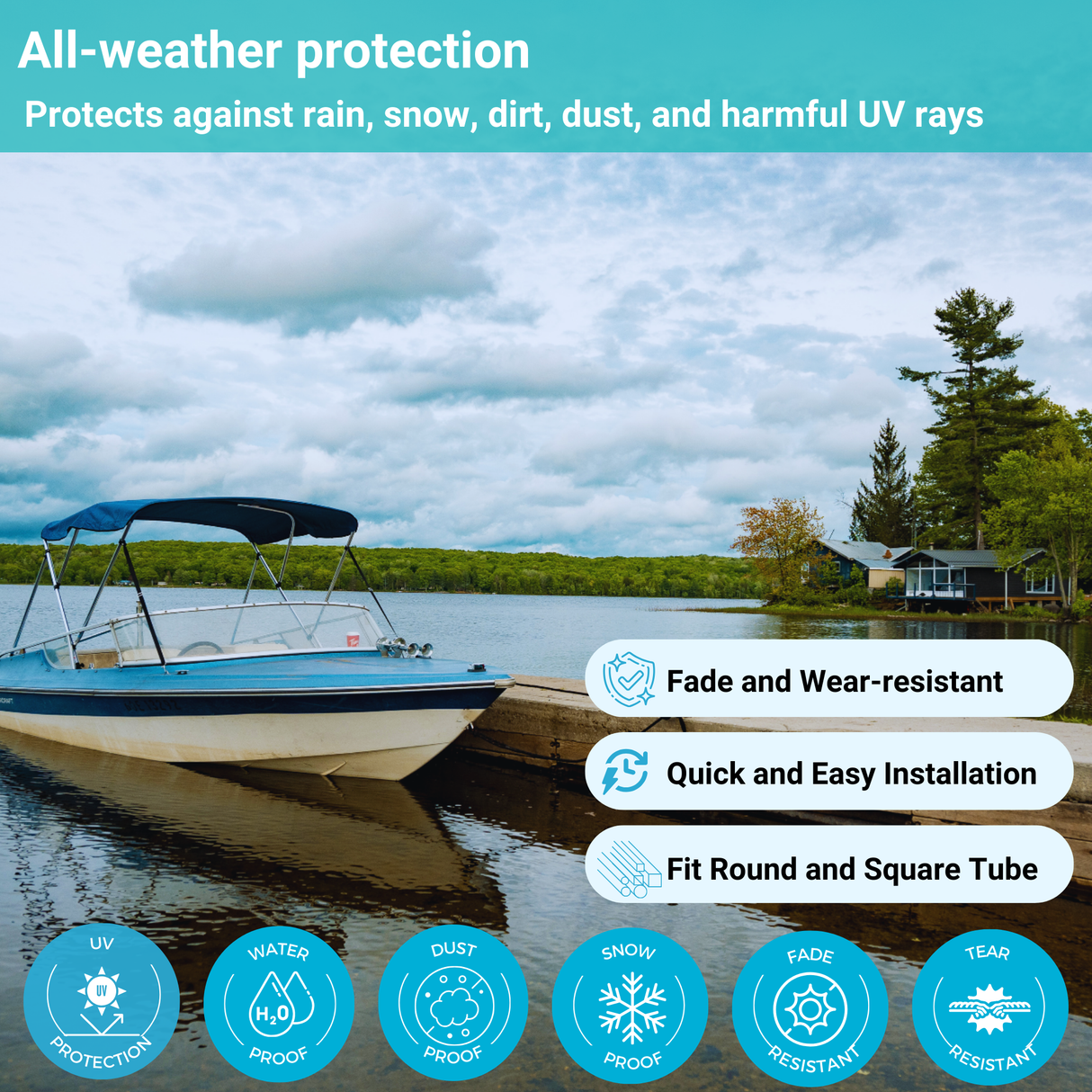 Docked boat with a 3-bow Bimini top; all-weather protection with UV resistance and fade-, tear-, dust-, and snow-resistant performance.
