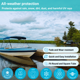 Docked boat with a 3-bow Bimini top; all-weather protection with UV resistance and fade-, tear-, dust-, and snow-resistant performance.