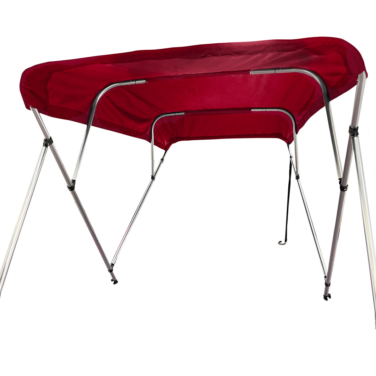 Fully extended 4-bow bimini top for boats. Burgundy canvas on a round tube aluminum frame with rear support poles and front straps.
