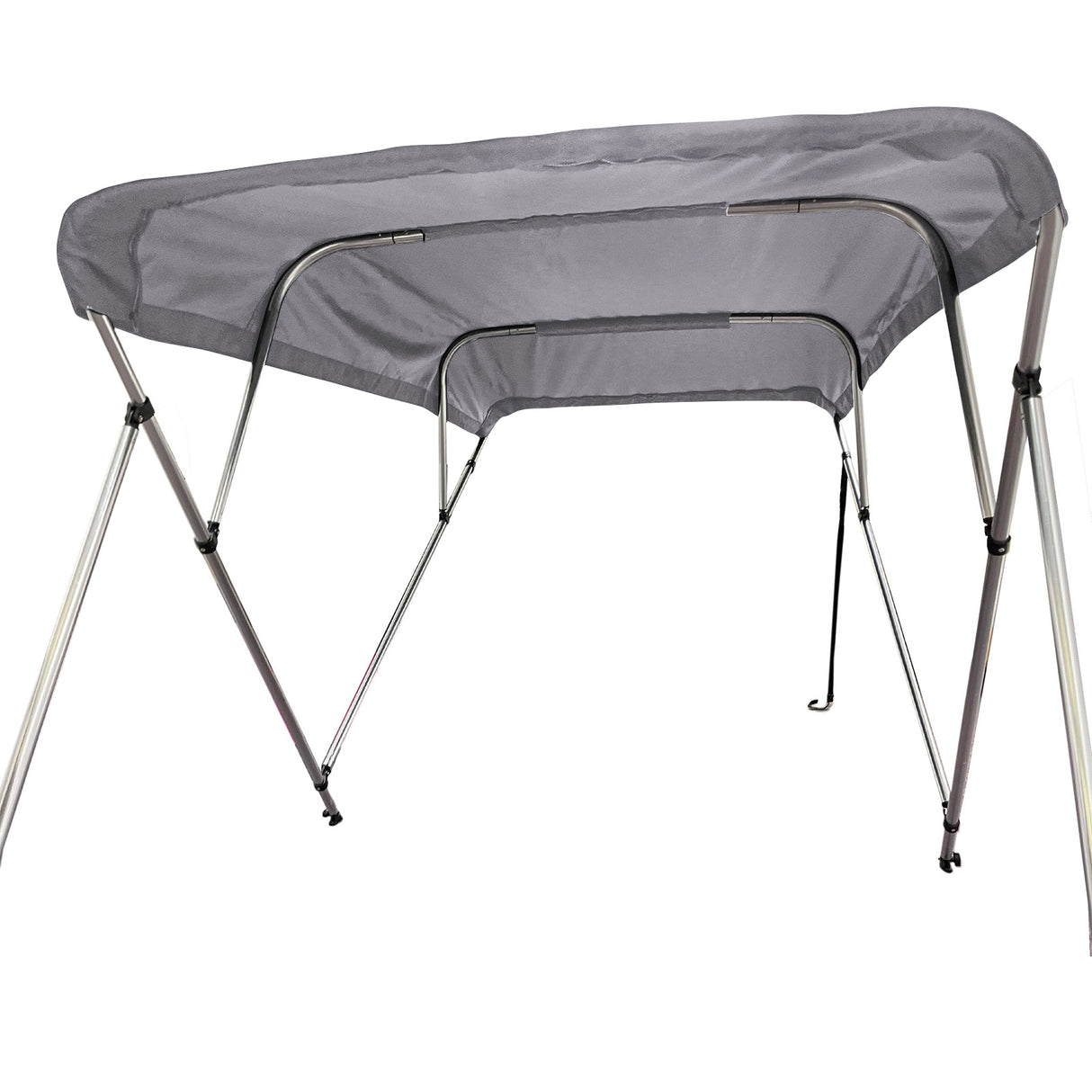 Fully extended 4-bow bimini top for boats. Gray canvas on a round tube aluminum frame with rear support poles and front straps.