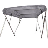 Fully extended 4-bow bimini top for boats. Gray canvas on a round tube aluminum frame with rear support poles and front straps.