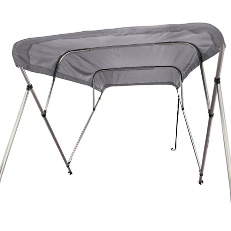 Fully extended 4-bow bimini top for boats. Gray canvas on a round tube aluminum frame with rear support poles and front straps.
