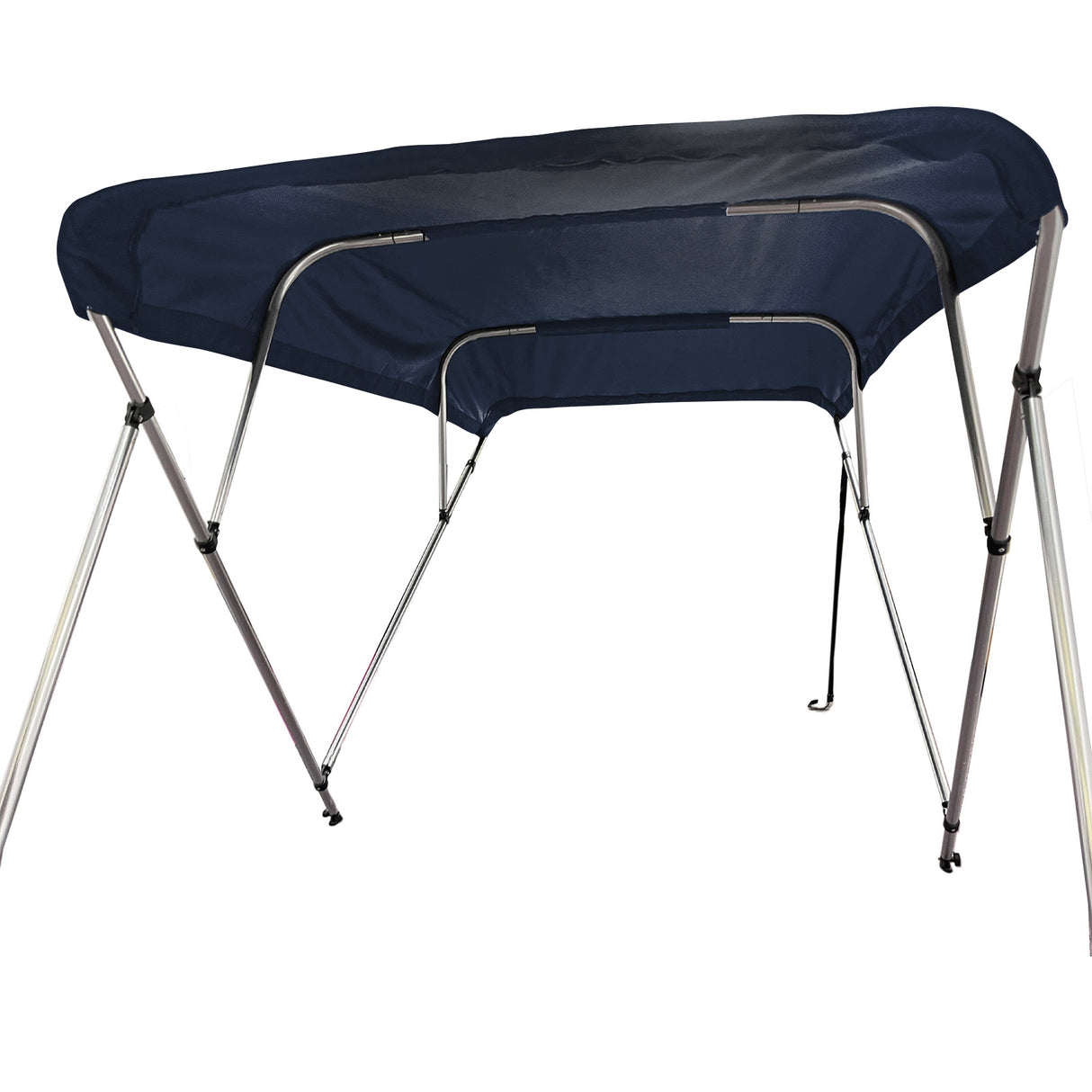 Fully extended 4-bow bimini top for boats. Navy canvas on a round tube aluminum frame with rear support poles and front straps.