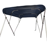 Fully extended 4-bow bimini top for boats. Navy canvas on a round tube aluminum frame with rear support poles and front straps.