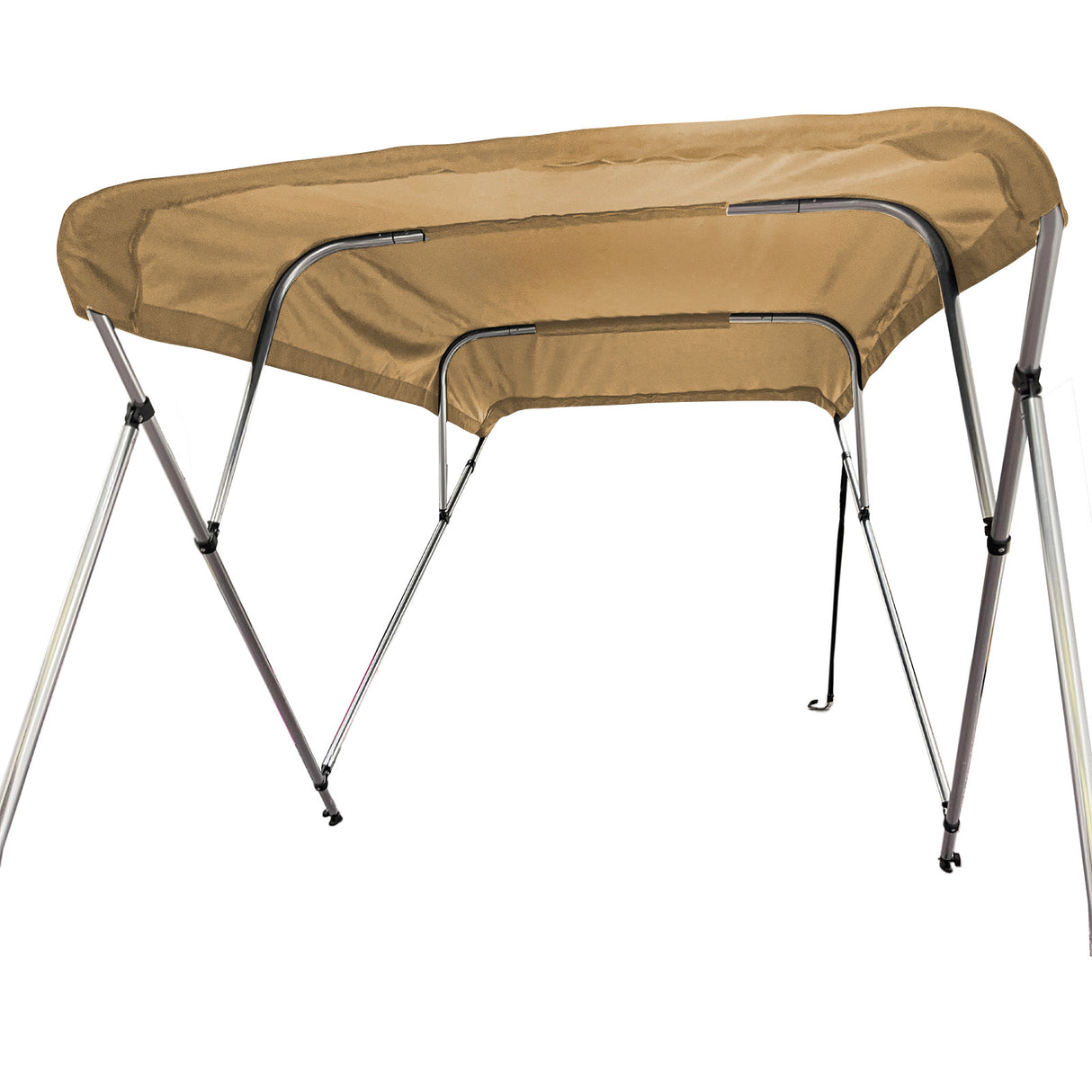 Fully extended 4-bow bimini top for boats. Beige canvas on a round tube aluminum frame with rear support poles and front straps.